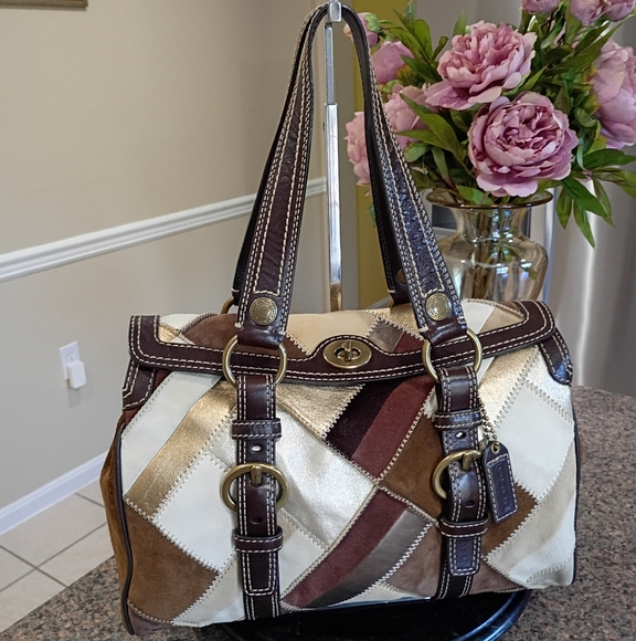 Coach Chelsea Patchawork Brown Gold Metallic Leather  Suede Satchel Bag - Picture 1 of 17
